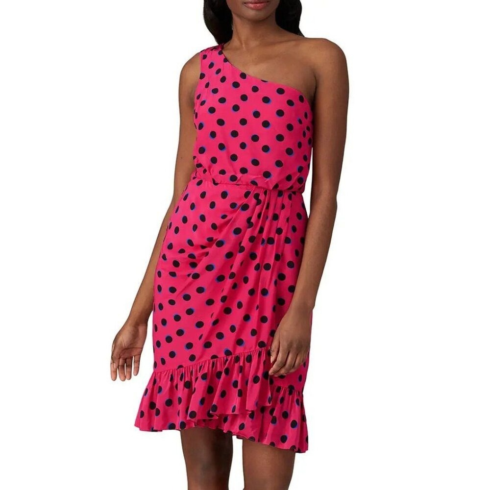 Derek Lam 10 Crosby Faux Wrap Dress Sz 2 Pink Polka Dot‎ One Shoulder Ruffle Hem